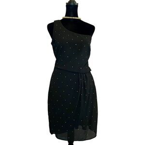 Sequin Hearts black silver studded SZ9 one shoulder cocktail mini dress
